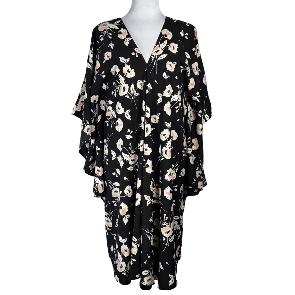 LRL Ralph Lauren Black Floral Shift Dress Size L Ruffle Kimono Dolman Drapey LBD